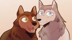 Size: 1280x720 | Tagged: safe, artist:paintedpaw, mebh mactire (wolfwalkers), robyn goodfellowe (wolfwalkers), canine, mammal, wolf, feral, cartoon saloon, wolfwalkers, blue eyes, brown body, brown fur, cub, cute, duo, duo female, female, females only, front view, fur, gray body, gray fur, green eyes, open mouth, three-quarter view, young