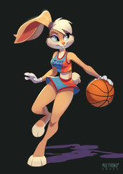 Size: 705x1000 | Tagged: safe, artist:multyashka-sweet, lola bunny (looney tunes), lagomorph, mammal, rabbit, anthro, looney tunes, space jam, space jam: a new legacy, warner brothers, 2021, ball, basketball, black background, bottomwear, breasts, clothes, crop top, eyebrows, eyelashes, eyeshadow, female, fur, gloves, green eyes, long ears, makeup, midriff, multicolored fur, paws, shadow, short tail, shorts, simple background, smiling, solo, solo female, sports bra, sports shorts, tail, teeth, thighs, topwear, two toned body, two toned fur