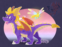 Size: 1200x900 | Tagged: safe, artist:mrsdrpepper, sparx (spyro), spyro the dragon (spyro), arthropod, dragon, dragonfly, fictional species, insect, western dragon, feral, spyro the dragon (series), 2021, duo, duo male, male, males only, partially transparent background, transparent background