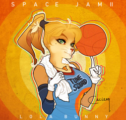 Size: 1280x1212 | Tagged: safe, artist:caciano-alison, lola bunny (looney tunes), lagomorph, mammal, rabbit, anthro, looney tunes, space jam, space jam: a new legacy, warner brothers, 2021, 4 fingers, ball, basketball, basketball (ball), female, solo, solo female, white gloves
