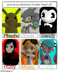 Size: 862x1024 | Tagged: safe, artist:nathancool345, bendy (bendy and the ink machine), lucy (ninjala), meggy spletzer (supermarioglitchy4), ruby rose (rwby), silver the hedgehog (sonic), demon, fictional species, hedgehog, human, mammal, mollusk, pikachu, squid, anthro, feral, humanoid, six fanarts, supermarioglitchy4 (series), bendy and the ink machine, ninjala, nintendo, pokémon, rooster teeth, rwby, sega, sonic the hedgehog (series), 2021, 3d, ambiguous gender, crossover, female, garry's mod, group, male, quills