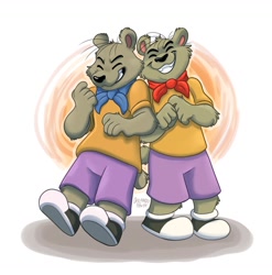Size: 1471x1486 | Tagged: safe, artist:orlandofox, timmy tibble (arthur), tommy tibble (arthur), bear, mammal, anthro, arthur (series), pbs, 2019, 2d, arm fluff, black nose, bottomwear, brother, brothers, clothes, duo, duo male, ear fluff, eyes closed, fluff, footwear, front view, head fluff, laughing, leg fluff, male, males only, shirt, shoes, shorts, siblings, signature, tail, tail fluff, teeth, three-quarter view, topwear, twins, young