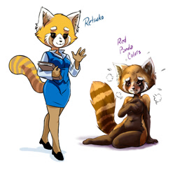 Size: 1200x1200 | Tagged: suggestive, artist:plague of gripes, retsuko (aggretsuko), mammal, red panda, anthro, aggretsuko, sanrio, 2017, blushing, bottomwear, clothes, duo, duo female, embarrassed, female, females only, hand hold, holding, simple background, sitting, skirt, smiling, waving, white background