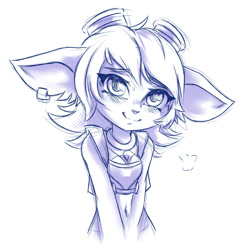 Size: 1200x1200 | Tagged: safe, artist:plague of gripes, tristana (league of legends), fictional species, mammal, yordle, anthro, cc by-nc, creative commons, league of legends, 2017, blushing, bust, clothes, ear piercing, earring, female, goggles, limited palette, monochrome, piercing, pointy ears, simple background, smiling, solo, solo female, white background