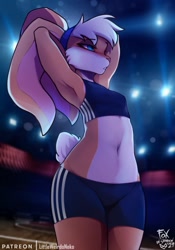 Size: 980x1400 | Tagged: safe, artist:foxinshadow, lola bunny (looney tunes), lagomorph, mammal, rabbit, anthro, looney tunes, space jam, space jam: a new legacy, warner brothers, 2021, armpits, belly button, blue eyes, blushing, bottomwear, breasts, clothes, crop top, eyebrows, eyelashes, female, long ears, short tail, shorts, small breasts, solo, solo female, sports bra, sports shorts, tail, teeth, topwear