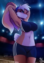 Size: 980x1400 | Tagged: safe, alternate version, artist:foxinshadow, lola bunny (looney tunes), lagomorph, mammal, rabbit, anthro, looney tunes, space jam, space jam: a new legacy, warner brothers, 2021, armpits, belly button, big breasts, blue eyes, blushing, bottomwear, breasts, clothes, crop top, eyebrows, eyelashes, female, long ears, nipple outline, short tail, shorts, solo, solo female, sports bra, sports shorts, tail, teeth, topwear