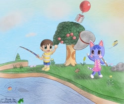 Size: 1823x1536 | Tagged: safe, artist:scamper52596, rosie (animal crossing), villager (animal crossing), arthropod, butterfly, cat, feline, human, insect, mammal, anthro, feral, animal crossing, animal crossing: new horizons, nintendo, 2020, 2d, ambient insect, ambient wildlife, ambiguous gender, balloon, bug net, cherry, conifer tree, duo, female, fishing, fishing rod, flower, food, fruit, male, plant, present, river, rock, tree, water