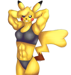 Size: 1739x1830 | Tagged: safe, artist:chiffawndue, fictional species, mammal, pikachu, anthro, nintendo, pokémon, 2021, abs, black eyes, black nose, cleft tail, clothes, eyelashes, female, fur, grin, hands behind head, looking at you, muscles, pokémorph, red cheeks, simple background, solo, solo female, sports bra, topwear, transparent background, yellow body, yellow fur