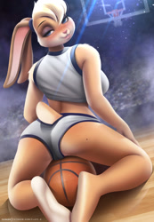 Size: 886x1280 | Tagged: safe, artist:fluffx, lola bunny (looney tunes), lagomorph, mammal, rabbit, anthro, plantigrade anthro, looney tunes, space jam, warner brothers, 2021, ball, barefoot, basketball, bedroom eyes, blushing, bottomwear, breasts, butt, clothes, digital art, ears, eyelashes, feet, female, floppy ears, fur, gloves, hair, looking at you, looking back, looking back at you, pink nose, rear view, shirt, shorts, solo, solo female, tail, thighs, topwear