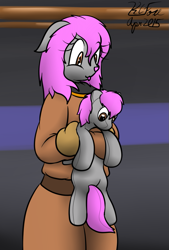 Size: 703x1038 | Tagged: safe, artist:the-furry-railfan, oc, oc only, oc:cassandra gearheart, oc:crash dive, cat, equine, feline, mammal, pony, anthro, feral, hasbro, my little pony, diving suit, female, plushie