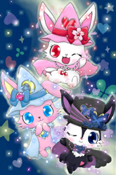 Size: 720x1088 | Tagged: safe, artist:cindy rabbito, luea (jewelpet), luna (jewelpet), ruby (jewelpet), lagomorph, mammal, rabbit, semi-anthro, jewelpet (sanrio), sanrio, abstract background, cape, clothes, cute, female, females only, happy, hat, heart, looking at you, one eye closed, open mouth, trio, trio female, winking