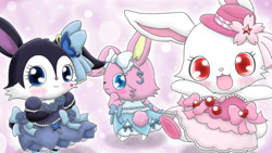 Size: 1200x675 | Tagged: safe, artist:cindy rabbito, luea (jewelpet), luna (jewelpet), ruby (jewelpet), lagomorph, mammal, rabbit, semi-anthro, jewelpet (sanrio), sanrio, abstract background, blushing, clothes, cute, dress, female, females only, looking at you, looking back, looking back at you, open mouth, puffy sleeves, tail, tongue, trio, trio female