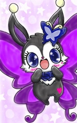 Size: 600x960 | Tagged: safe, artist:cindy rabbito, luea (jewelpet), lagomorph, mammal, rabbit, semi-anthro, jewelpet (sanrio), sanrio, blushing, butterfly wings, cute, female, flying, happy, heart, looking at you, open mouth, solo, solo female, tongue, wings