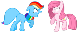 Size: 3293x1431 | Tagged: safe, artist:muhammad yunus, furbooru exclusive, rainbow dash (mlp), oc, oc only, oc:annisa trihapsari, oc:rainbow eevee, earth pony, eevee, eeveelution, equine, fictional species, hybrid, mammal, pokémon pony, pony, feral, friendship is magic, hasbro, my little pony, nintendo, pokémon, angry, base used, clothes, duo, duo female, female, females only, floppy ears, hair, open mouth, pink body, pink eyes, pink hair, sad, simple background, transparent background, wide eyes