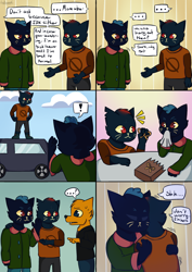 Size: 2480x3508 | Tagged: safe, artist:indoorscat, candy borowski (nitw), gregg lee (nitw), mae borowski (nitw), canine, cat, feline, fox, mammal, anthro, night in the woods, comic, female, high res, same height