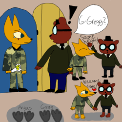 Size: 1008x1008 | Tagged: safe, artist:kaijugirl8000, angus delaney (nitw), gregg lee (nitw), bear, canine, fox, mammal, anthro, night in the woods, male, same height