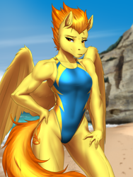 Size: 4500x6000 | Tagged: safe, artist:mykegreywolf, spitfire (mlp), equine, fictional species, mammal, pegasus, pony, anthro, friendship is magic, hasbro, my little pony, 2021, absurd resolution, anthrofied, athletic, athletic anthro, athletic female, beach, breasts, clothes, cutie mark, detailed background, ear fluff, eyebrows, eyelashes, feathered wings, feathers, female, fluff, fur, glistening, glistening body, glistening clothing, glistening hair, hair, hand on hip, hand on thigh, high-cut clothing, looking at you, muscles, muscular female, one-piece swimsuit, orange eyes, orange hair, orange tail, outdoors, short hair, solo, solo female, sport swimsuit, swimsuit, tail, thighs, wing fluff, wings, yellow body, yellow fur