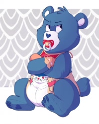 Size: 638x800 | Tagged: dead source, safe, artist:carnival-tricks, grumpy bear (care bears), bear, fictional species, mammal, semi-anthro, care bears, blue body, blue fur, care bear, crossed arms, diaper, diaper fetish, fetish, fur, male, pacifier, paw pads, paws, solo, solo male, unamused, white body, white fur