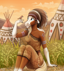 Size: 1500x1660 | Tagged: safe, artist:jenery, rain (cimarron), bird, equine, horse, mammal, anthro, feral, dreamworks animation, spirit: stallion of the cimarron, 2019, 2d, anthrofied, breasts, clothes, female, front view, native american, solo, solo female, teepee, tent, three-quarter view, ungulate