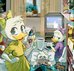 Size: 850x817 | Tagged: safe, artist:pizdecsuqa, april duck (disney), dewey duck (disney), donald duck (disney), fethry duck (disney), huey duck (disney), june duck (disney), may duck (disney), mickey mouse (disney), quackerjack (disney), scrooge mcduck (disney), webby vanderquack (ducktales), bird, duck, waterfowl, anthro, darkwing duck, disney, ducktales, ducktales (1987), ducktales (2017), mickey and friends, nintendo entertainment system, 2d, beak, blep, bow, clothes, comic, dress, feathers, female, females only, flower, flower in hair, hair, hair accessory, hair bow, hand hold, hand on waist, holding, indoors, looking at you, lying down, mug, on back, open mouth, pillow, plushie, siblings, sister, sisters, tongue, tongue out, trio, trio female, triplets, white feathers, young