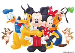 Size: 800x566 | Tagged: safe, artist:kurokuma824, chip (disney), dale (disney), donald duck (disney), goofy (disney), mickey mouse (disney), minnie mouse (disney), pluto (disney), bird, canine, chipmunk, dog, duck, mammal, mouse, rodent, waterfowl, anthro, feral, plantigrade anthro, semi-anthro, disney, mickey and friends, 2d, black body, black fur, brown body, brown fur, feathers, female, fur, furry confusion, group, looking at you, male, murine, simple background, white background, white feathers, yellow body, yellow fur