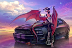 Size: 4096x2731 | Tagged: safe, artist:holivi, dragon, fictional species, anthro, bottomwear, breasts, car, cleavage, clothes, female, hat, horns, pants, solo, solo female, tail, topwear, vehicle, wings