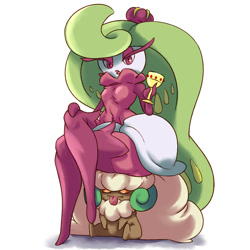 Size: 1200x1200 | Tagged: safe, artist:plague of gripes, fictional species, tsareena, whimsicott, anthro, feral, cc by-nc, creative commons, nintendo, pokémon, 2018, :p, crossed legs, duo, female, hand hold, holding, simple background, sitting, sitting on head, tongue, tongue out, white background