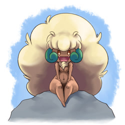 Size: 1200x1200 | Tagged: safe, artist:plague of gripes, fictional species, whimsicott, anthro, cc by-nc, creative commons, nintendo, pokémon, 2018, breasts, featureless breasts, female, open mouth, rock, simple background, sitting, smiling, solo, solo female, white background