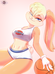 Size: 2150x2860 | Tagged: safe, artist:shan3ng, lola bunny (looney tunes), lagomorph, mammal, rabbit, anthro, looney tunes, space jam, warner brothers, 2021, ball, basketball, bedroom eyes, belly button, blonde hair, blue eyes, blushing, bottomwear, breasts, cleavage, clothes, crop top, eye through hair, eyebrow through hair, eyebrows, eyelashes, eyeshadow, female, hair, high res, long ears, looking at you, makeup, midriff, short tail, shorts, smiling, smiling at you, solo, solo female, sports bra, sports shorts, tail, teeth, thick thighs, thighs, topwear