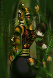 Size: 729x1080 | Tagged: safe, alternate version, artist:radioactivemint, master tigress (kung fu panda), big cat, feline, mammal, tiger, anthro, dreamworks animation, kung fu panda, bamboo, breasts, butt, cheek fluff, clothes, detailed background, ear fluff, female, fluff, fur, furgonomics, looking at you, looking back, looking back at you, orange body, orange eyes, orange fur, outdoors, rear view, ringtail, sideboob, signature, solo, solo female, striped fur, tail, tail fluff, three-quarter view, tigress, whiskers, white body, white fur