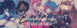 Size: 3500x1303 | Tagged: suggestive, artist:jessicanyuchi, artist:syncbanned, oc, oc only, canine, dragon, feline, fictional species, mammal, wolf, anthro, banchi, female, group, male, patreon, patreon banner, patreon logo