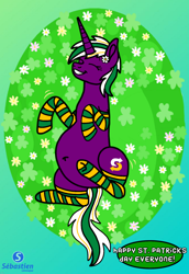 Size: 4146x6038 | Tagged: safe, artist:mrstheartist, oc, oc only, oc:purple magic, equine, fictional species, mammal, pony, unicorn, feral, friendship is magic, hasbro, my little pony, absurd resolution, base used, belly button, big belly, clothes, clover, eyes closed, female, flower, flower in hair, gradient background, hair, hair accessory, holiday, legwear, saint patrick's day, signature, solo, solo female, striped clothes, striped legwear, stuffed belly, subway (restaurant)