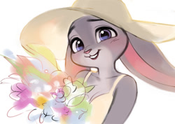 Size: 800x566 | Tagged: safe, artist:popodunk, judy hopps (zootopia), lagomorph, mammal, rabbit, anthro, disney, zootopia, 2d, blushing, clothes, cute, dress, eyebrows, featured image, female, floppy ears, flower, fur, gray body, gray fur, hat, looking at you, purple eyes, simple background, smiling, smiling at you, solo, solo female, sun hat, teeth, white background, wholesome