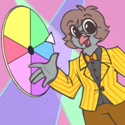 Size: 768x768 | Tagged: safe, artist:pigeorgien, oc, oc only, oc:lucy doveson, bird, dove, pigeon, anthro, beak, bottomwear, bow, bow tie, brown eyes, brown hair, cheek fluff, clothes, cute, eyebrow through hair, eyebrows, feathers, female, fluff, glasses, gray feathers, hair, jacket, lights, looking at you, neck fluff, pants, round glasses, shirt, smiling, smiling at you, solo, solo female, suit, topwear, wheel of fortune, wide hips