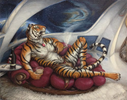 Size: 1008x790 | Tagged: suggestive, artist:teiirka, big cat, feline, mammal, tiger, anthro, clothes, loincloth, male, solo, solo male, spaceship, traditional art, vehicle