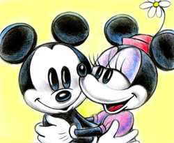 Size: 791x650 | Tagged: safe, artist:zdrer456, mickey mouse (disney), minnie mouse (disney), mammal, mouse, rodent, anthro, disney, mickey and friends, 2015, 2d, black body, black fur, duo, eyelashes, female, flower, fur, male, male/female, mickeyminnie (disney), murine, on model, shipping, simple background, yellow background
