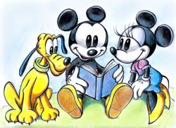 Size: 1755x1275 | Tagged: safe, artist:zdrer456, mickey mouse (disney), minnie mouse (disney), pluto (disney), canine, dog, mammal, mouse, rodent, anthro, disney, mickey and friends, 2d, black body, black fur, book, bottomwear, clothes, female, fur, group, holding, holding book, holding object, male, on model, puffy sleeves, reading, skirt, trio, yellow body, yellow fur