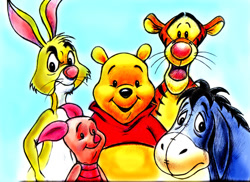 Size: 900x654 | Tagged: safe, artist:zdrer456, eeyore (winnie-the-pooh), piglet (winnie-the-pooh), rabbit (winnie-the-pooh), tigger (winnie-the-pooh), winnie-the-pooh (winnie-the-pooh), bear, big cat, donkey, equine, feline, lagomorph, mammal, pig, rabbit, suid, tiger, feral, semi-anthro, disney, winnie-the-pooh, 2d, bottomless, clothes, group, male, males only, on model, partial nudity, shirt, topwear, ungulate