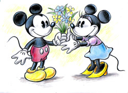 Size: 900x654 | Tagged: safe, artist:zdrer456, mickey mouse (disney), minnie mouse (disney), mammal, mouse, rodent, anthro, disney, mickey and friends, 2d, black body, black fur, bouquet, duo, female, flower, fur, male, male/female, mickeyminnie (disney), on model, shipping