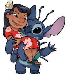 Size: 628x710 | Tagged: safe, artist:drawingwiffwaffles, lilo pelekai (lilo & stitch), stitch (lilo & stitch), alien, experiment (lilo & stitch), fictional species, human, mammal, disney, lilo & stitch, 2016, 3 toes, 4 arms, 4 fingers, 5 toes, antennae, back spines, black eyes, black hair, blue body, blue claws, blue fur, blue nose, blue paw pads, carrying, child, claws, clothes, digital art, dipstick antennae, duo, ears, eyelashes, female, flower, flower in hair, fluff, fur, hair, hair accessory, head fluff, long hair, muumuu, open mouth, open smile, sandals, shoes, simple background, smiling, torn ear, white background, young