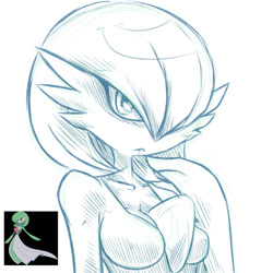 Size: 1200x1200 | Tagged: safe, artist:plague of gripes, fictional species, gardevoir, anthro, cc by-nc, creative commons, nintendo, pokémon, 2017, breasts, bust, duo, duo female, featureless breasts, female, females only, line art, monochrome, simple background, white background