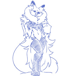 Size: 1200x1200 | Tagged: safe, artist:plague of gripes, delphox, fictional species, mammal, anthro, digitigrade anthro, cc by-nc, creative commons, nintendo, pokémon, 2017, alternate design, breasts, featureless breasts, female, fluff, line art, looking at you, missing accessory, monochrome, open mouth, simple background, smiling, solo, solo female, starter pokémon, tail, white background