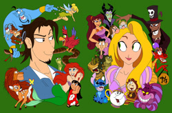 Size: 900x590 | Tagged: safe, artist:tyrannux, colorist:mermaid-yuki, ariel (the little mermaid), bambi (bambi), basil (the great mouse detective), cheshire cat (disney's alice in wonderland), cogsworth (beauty and the beast), flynn rider (tangled), genie (aladdin), grumpy (snow white), iago (aladdin), ichabod crane (the adventures of ichabod and mr. toad), kaa (the jungle book), lilo pelekai (lilo & stitch), maleficent (sleeping beauty), megara (hercules), mrs. potts (beauty and the beast), mushu (mulan), prince naveen (the princess and the frog), princess tiana (the princess and the frog), rapunzel (tangled), simba (the lion king), stitch (lilo & stitch), tinkerbell (peter pan), alien, amphibian, animate object, arthropod, big cat, bird, cat, cervid, deer, dragon, dwarf (species), eastern dragon, experiment (lilo & stitch), fairy, feline, fictional species, firefly, fish, frog, genie, human, insect, lion, mammal, mermaid, mouse, parrot, reptile, robot, rodent, snake, anthro, feral, humanoid, semi-anthro, aladdin (disney franchise), alice in wonderland (1951), bambi (film), beauty and the beast, disney, hercules (disney), lilo & stitch, mulan, peter pan (disney franchise), sleeping beauty (disney), snow white and the seven dwarfs, tangled (disney), the adventures of ichabod and mr. toad, the great mouse detective, the jungle book, the lion king, the little mermaid (disney), the princess and the frog, treasure planet, 2d, b.e.n. (treasure planet), clothes, crossover, dr. facilier (the princess and the frog), female, fins, fish tail, forked tongue, green background, group, hat, large group, looking at each other, male, murine, open mouth, ray (the princess and the frog), simple background, smiling, snake tongue, tail, tongue, tongue out, wall of tags, young