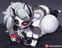 Size: 3200x2500 | Tagged: suggestive, artist:darknud, loona (vivzmind), canine, fictional species, hellhound, mammal, anthro, digitigrade anthro, cc by-nc-nd, creative commons, hazbin hotel, helluva boss, 2020, absolute cleavage, big breasts, big butt, black body, black fur, black nose, bottomless, breasts, butt, cell phone, cleavage, clothes, collar, colored sclera, ear piercing, ears, eyebrow piercing, eyebrow through hair, eyebrows, eyelashes, eyeshadow, female, fingerless gloves, fur, gloves, hair, high res, legwear, long hair, looking at you, makeup, multicolored fur, nudity, partial nudity, phone, piercing, red sclera, silver hair, smartphone, solo, solo female, spiked collar, tail, thigh highs, thighs, toeless legwear, tongue, tongue out, topwear, torn ear, white body, white eyes, white fur