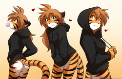 Size: 1643x1071 | Tagged: safe, artist:twokinds, flora (twokinds), feline, fictional species, keidran, mammal, anthro, twokinds, 2020, black nose, black stripes, bottomless, breasts, brown hair, bubblegum, butt, clothes, ears, eyebrow through hair, eyebrows, eyelashes, female, fur, gradient background, hair, hands in pockets, heart, hoodie, kemono, long hair, looking at you, love heart, multicolored fur, nudity, orange body, orange eyes, orange fur, partial nudity, posing, smiling, solo, solo female, striped fur, tail, topwear, white body, white fur