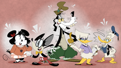 Size: 1681x948 | Tagged: safe, artist:eeyorbstudios, daisy duck (disney), donald duck (disney), goofy (disney), mickey mouse (disney), minnie mouse (disney), bird, canine, dog, duck, mammal, mouse, rodent, waterfowl, anthro, disney, mickey and friends, 2d, black body, black fur, feathers, female, fur, group, male, murine, white feathers