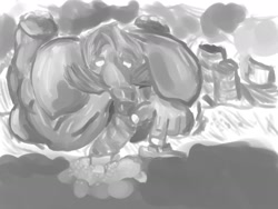 Size: 1280x960 | Tagged: source needed, safe, artist:evert_chimmy, mammal, mammoth, anthro, giant, grayscale, looming, macro, male, micro, monochrome