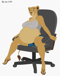 Size: 1025x1300 | Tagged: safe, artist:el-doc, anthro, disney, the lion king, 2018, belly button, blue eyes, bottomwear, breasts, chair, clothes, colored sclera, fangs, fur, mature, nipple outline, office chair, open mouth, pregnant, sharp teeth, shorts, simple background, sitting, tan body, tan fur, teeth, white background, yellow sclera