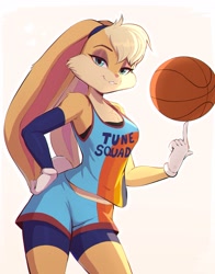 Size: 1694x2159 | Tagged: safe, artist:evomanaphy, lola bunny (looney tunes), lagomorph, mammal, rabbit, anthro, looney tunes, space jam, space jam: a new legacy, warner brothers, 2021, ball, basketball, bottomwear, breasts, clothes, digital art, female, shorts, simple background, solo, solo female, topwear, white background