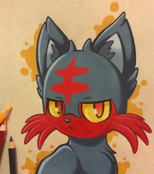 Size: 2824x3199 | Tagged: safe, artist:emberslament, fictional species, litten, mammal, feral, nintendo, pokémon, :<, ambiguous gender, frowning, high res, looking at you, solo, solo ambiguous, starter pokémon, traditional art